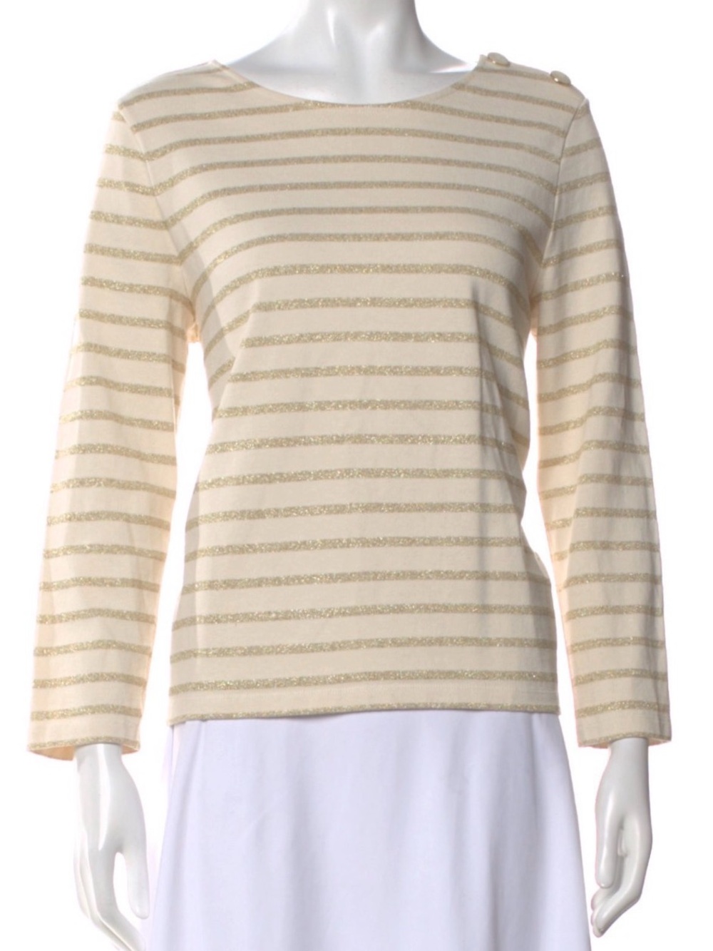 Sezane Cream and Gold Striped Long-Sleeve Boatneck Top